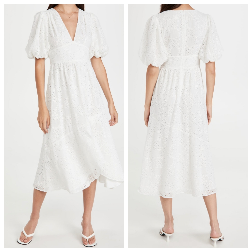 Shoshanna Jordi Optic White Eyelet Puff Sleeve V Neck Asymmetrical Midi Dress